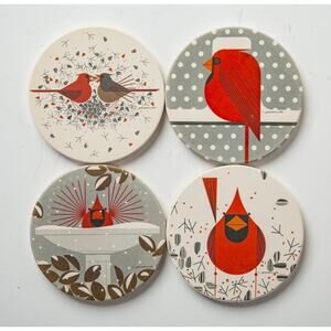 Charley Harper Cardinal Stone Coasters set of 4 with wood stand NEW